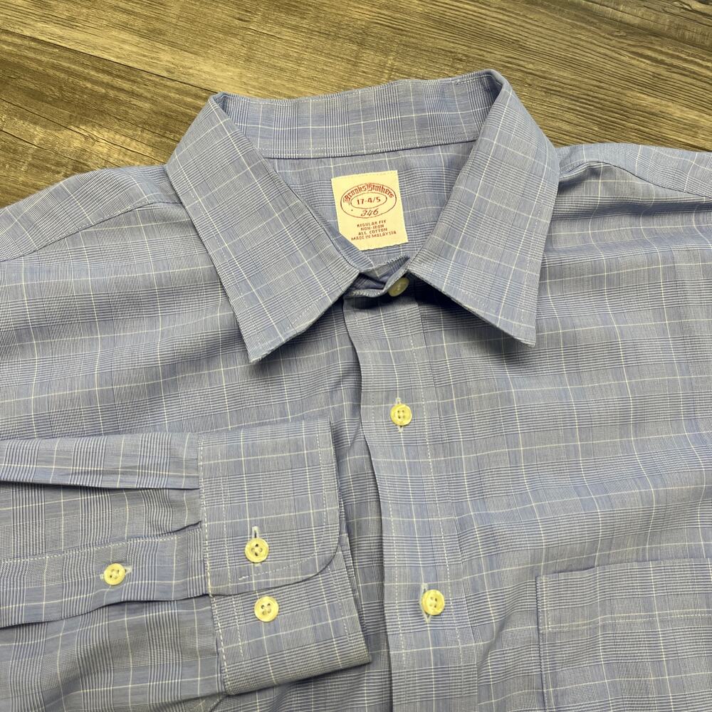 Brooks Brothers 346 Blue White Mens 17 Glen Plaid Non‎ Iron Button Down Shirt